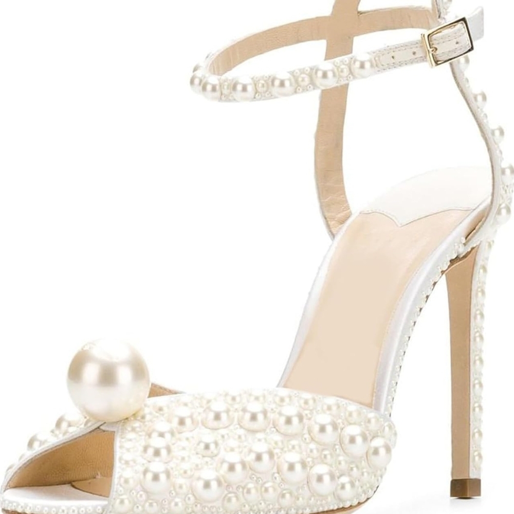 Elegant Pearl-Embellished White Heels - Sacora 100